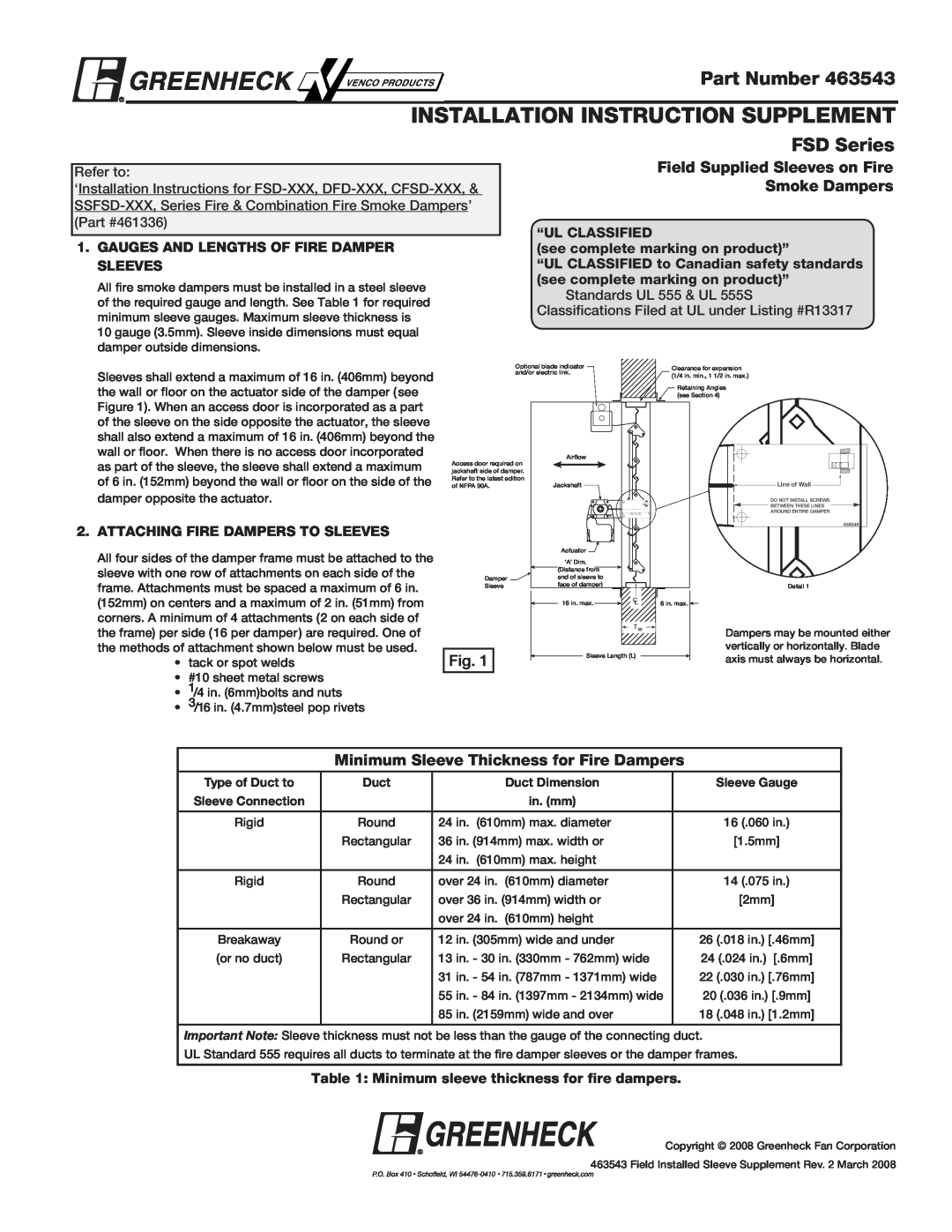 Greenheck Fan 461336 installation instructions Installation Instruction Supplement, Part Number, FSD Series 